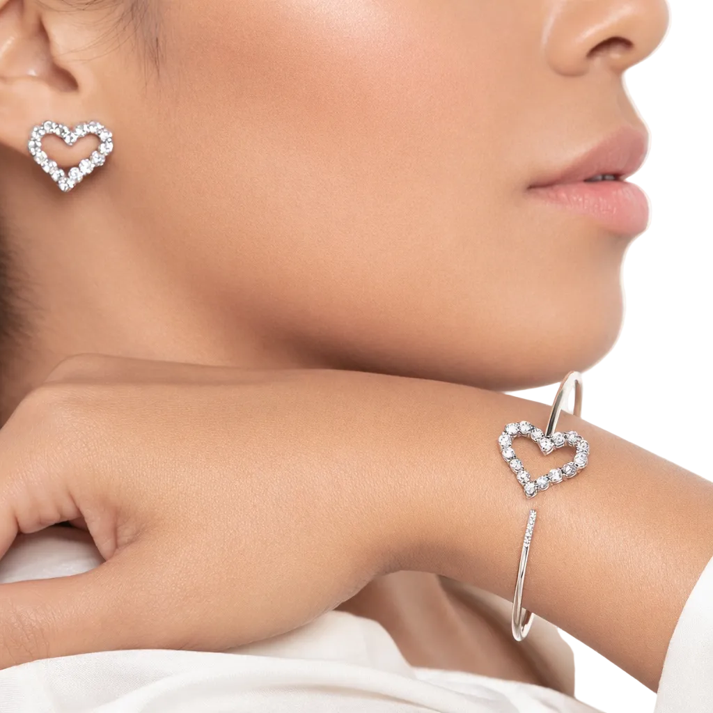 model wearing a diamond bracelet open heart