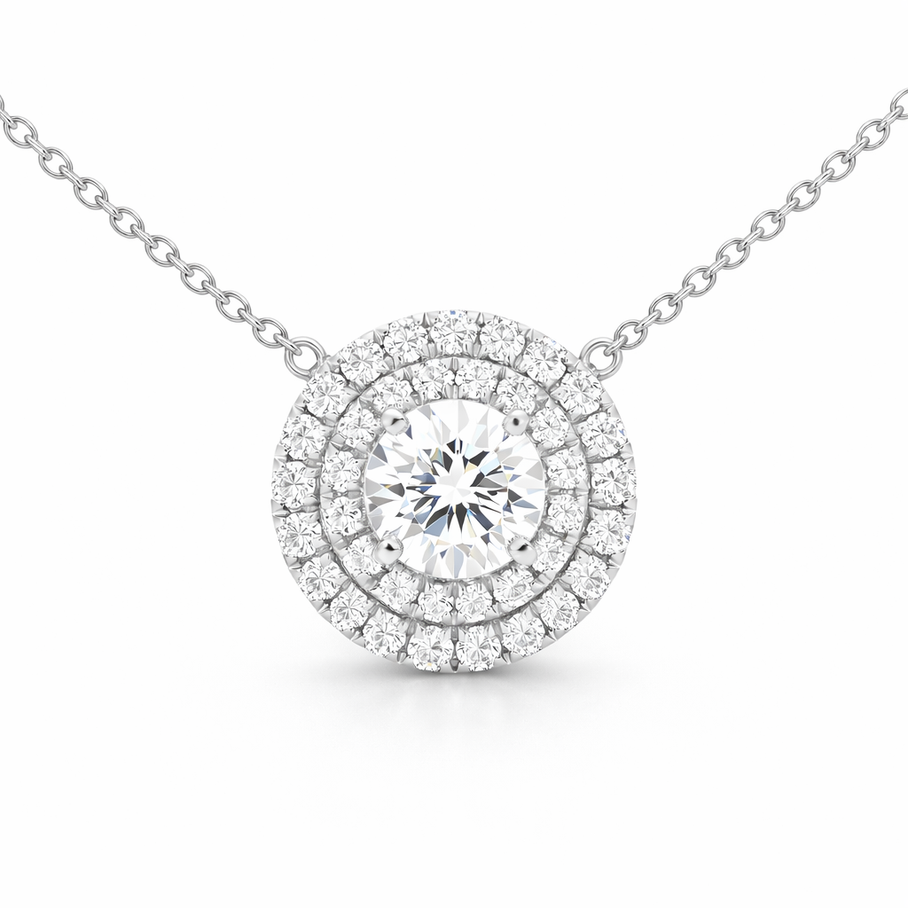 Double halo pendant in white gold