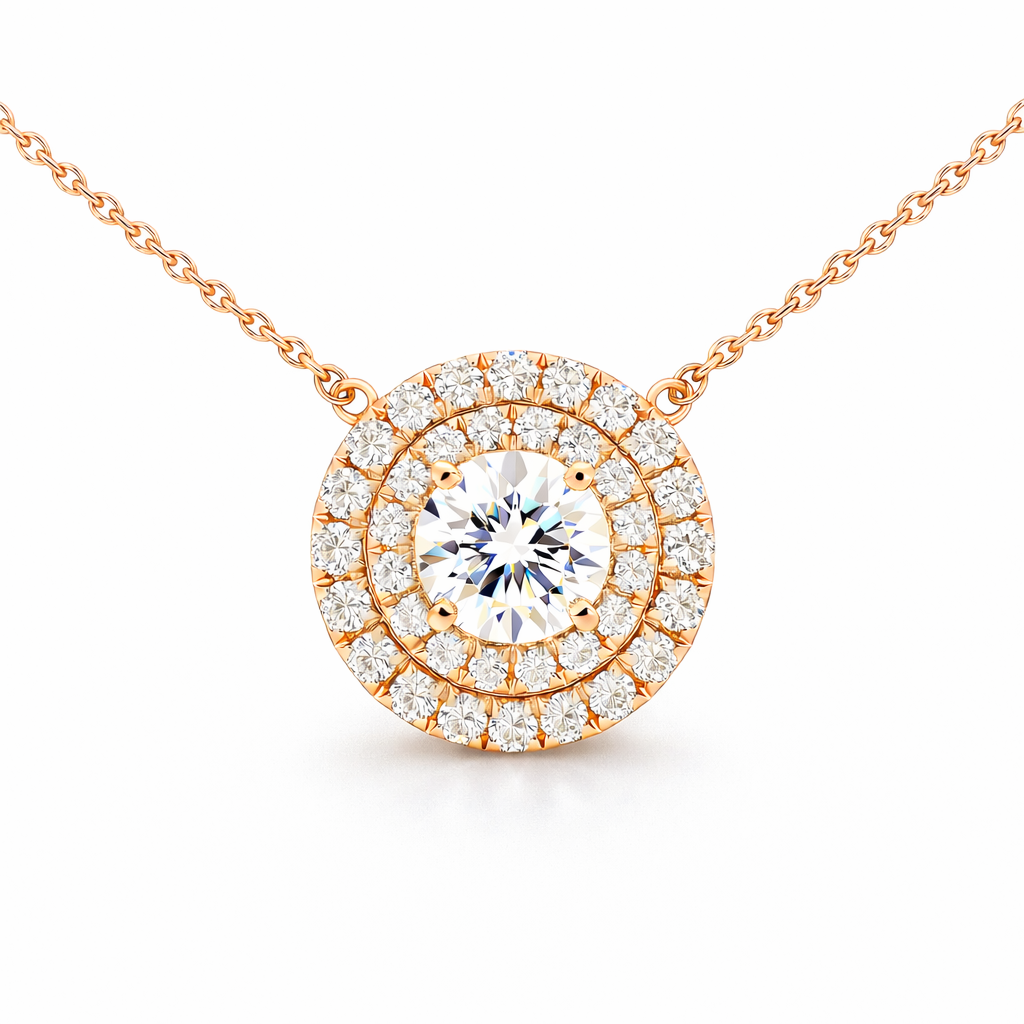 Double halo pendant in rose gold