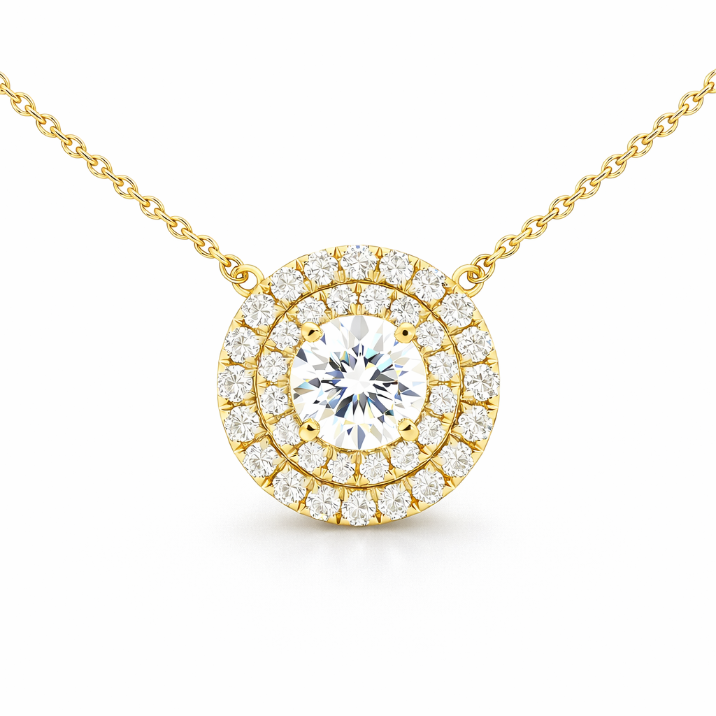 Double halo pendant in yellow gold