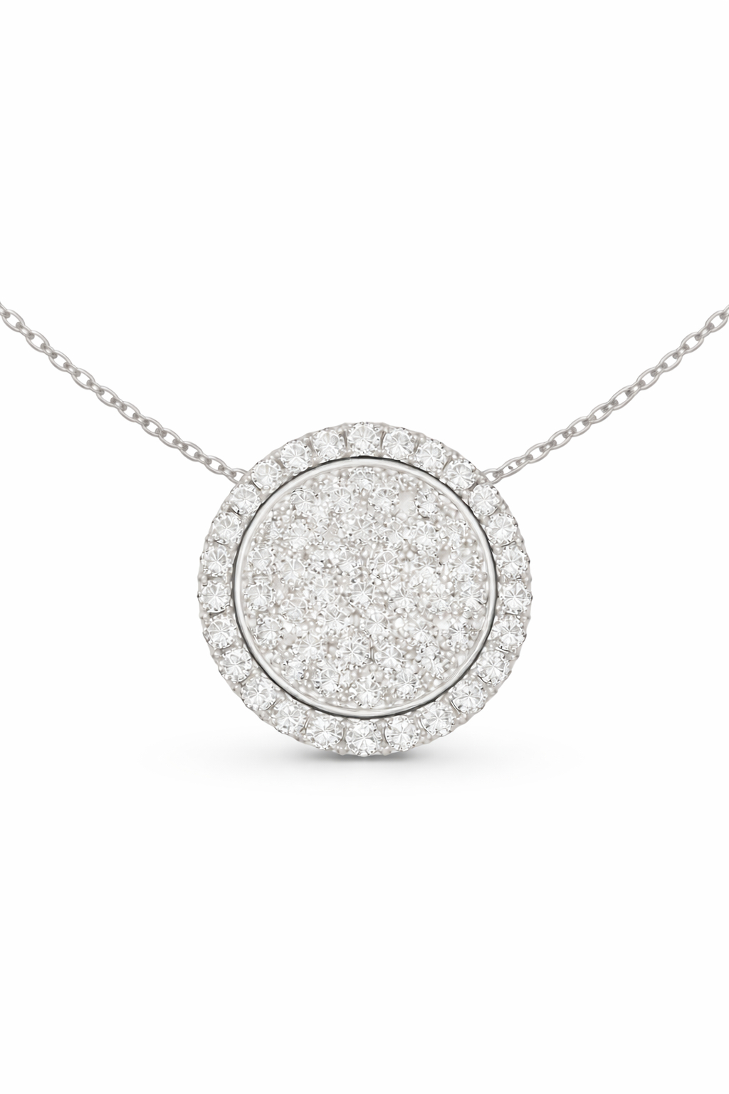 Round halo pave pendant in white gold