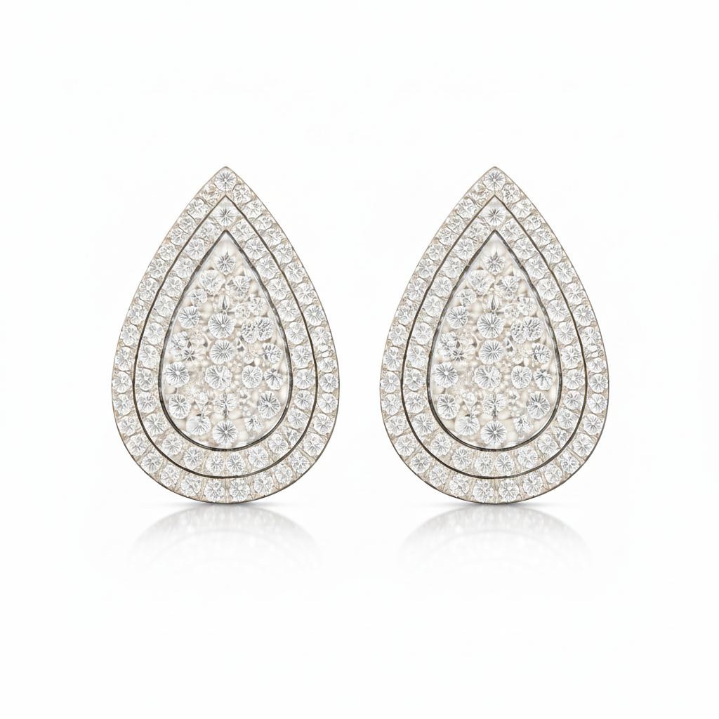 pear pave double halo earrings in white gold