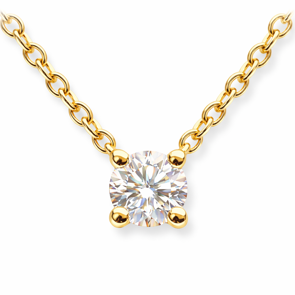 Gold necklace with a clear natural diamond pendant on a white background