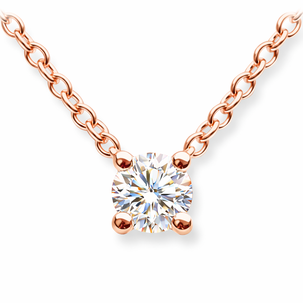 Rose gold necklace with a diamond pendant on a white background