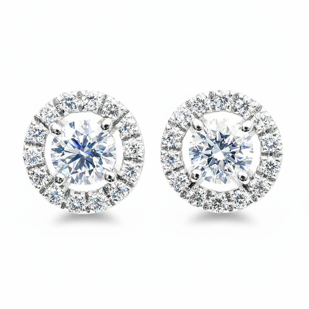 Diamond Halo Earrings in white gold