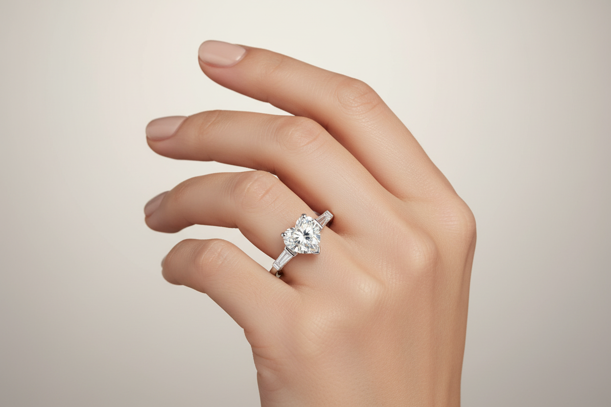 Heart Engagement ring with Baguette side stones