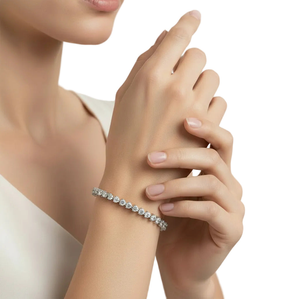 model wearing line heart shape tennis bracelet